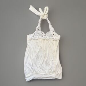 Y2K VINTAGE Lace Trim Halter Top Womens Small Rosette Blouson Coquette Fairycore